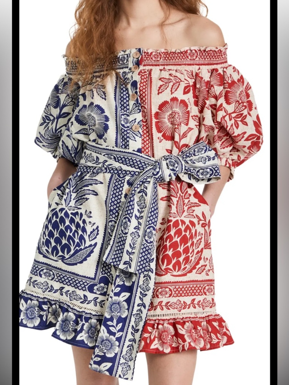 Farm Rio Mixed Pineapple Garden Mini Dress Sz S Red Blue Linen Blend Tie Waist